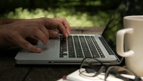 Άτομο Freelancer που εργάζεται στο lap-top υπολογιστών στο πράσινο υπόβαθρο φύσης πάρκων απόθεμα βίντεο Άτομο Freelancer που εργάζεται στο lap-top υπολογιστών στο πράσινο υπόβαθρο φύσης πάρκων απόθεμα βίντεο