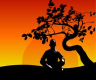 Άτομο meditates στη θέση Lotus κάτω από το σκηνικό ενός δέντρου διάδοσης, του ηλιοβασιλέματος και της φύσης Η ηρεμία θέτει, διανο Στοκ Φωτογραφίες Άτομο meditates στη θέση Lotus κάτω από το σκηνικό ενός δέντρου διάδοσης, του ηλιοβασιλέματος και της φύσης Η ηρεμία θέτει, διανο Στοκ Φωτογραφίες
