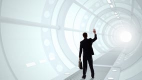 Άτομο στο φουτουριστικό εσωτερικό Μικτά μέσα Μικτά μέσα διανυσματική απεικόνιση Άτομο στο φουτουριστικό εσωτερικό Μικτά μέσα Μικτά μέσα διανυσματική απεικόνιση