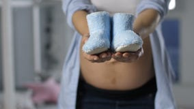 Έγκυα θηλυκά χέρια κινηματογραφήσεων σε πρώτο πλάνο που παρουσιάζουν παπούτσια μωρών φιλμ μικρού μήκους Έγκυα θηλυκά χέρια κινηματογραφήσεων σε πρώτο πλάνο που παρουσιάζουν παπούτσια μωρών φιλμ μικρού μήκους