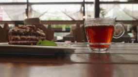 Έκχυση του καυτού τσαγιού από teapot γυαλιού στη διαφανή κούπα Φλυτζάνι τσαγιού και πίτα σοκολάτας στον ξύλινο πίνακα στο θερινό απόθεμα βίντεο Έκχυση του καυτού τσαγιού από teapot γυαλιού στη διαφανή κούπα Φλυτζάνι τσαγιού και πίτα σοκολάτας στον ξύλινο πίνακα στο θερινό απόθεμα βίντεο