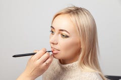 Ένα makeup σε ένα στούντιο ομορφιάς, ένας καλλιτέχνης σύνθεσης με μια βούρτσα στο χέρι της βάζει ένα προϊόν στα χείλια ενός ξανθο στοκ εικόνες Ένα makeup σε ένα στούντιο ομορφιάς, ένας καλλιτέχνης σύνθεσης με μια βούρτσα στο χέρι της βάζει ένα προϊόν στα χείλια ενός ξανθο στοκ εικόνες