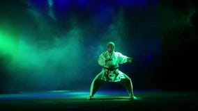 Ένα άτομο σε ένα άσπρο kimano συμμετέχει karate - εκτελεί την αγριότητα στο υπόβαθρο του χρωματισμένου καπνού απόθεμα βίντεο Ένα άτομο σε ένα άσπρο kimano συμμετέχει karate - εκτελεί την αγριότητα στο υπόβαθρο του χρωματισμένου καπνού απόθεμα βίντεο