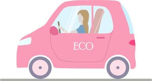 Ένα απομονωμένο ροζ eco ogical ηλεκτρικό αυτοκίνητο με μια γυναίκα ελεύθερη απεικόνιση δικαιώματος Ένα απομονωμένο ροζ eco ogical ηλεκτρικό αυτοκίνητο με μια γυναίκα ελεύθερη απεικόνιση δικαιώματος