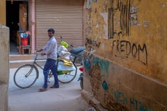 Ένα νεπαλικό ινδικό άτομο που ωθεί το ποδήλατό του στοκ εικόνες με δικαίωμα ελεύθερης χρήσης Ένα νεπαλικό ινδικό άτομο που ωθεί το ποδήλατό του στοκ εικόνες με δικαίωμα ελεύθερης χρήσης