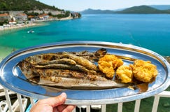 Ένα πιάτο των ψημένων στη σχάρα ψαριών και μια όμορφη άποψη της μπλε θάλασσας Στοκ Εικόνα Ένα πιάτο των ψημένων στη σχάρα ψαριών και μια όμορφη άποψη της μπλε θάλασσας Στοκ Εικόνα