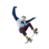 Ένας έφηβος skateboarder πηδά ένα ollie σε ένα απομονωμένο άσπρο υπόβαθρο Η έννοια του αθλητισμού οδών και του αστικού πολιτισμού στοκ εικόνα με δικαίωμα ελεύθερης χρήσης Ένας έφηβος skateboarder πηδά ένα ollie σε ένα απομονωμένο άσπρο υπόβαθρο Η έννοια του αθλητισμού οδών και του αστικού πολιτισμού στοκ εικόνα με δικαίωμα ελεύθερης χρήσης