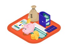 Έννοια χρηματοδότησης isometric απεικόνιση αποθεμάτων Έννοια χρηματοδότησης isometric απεικόνιση αποθεμάτων