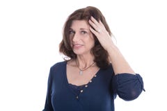 Αμφισβητήσιμη και σκεπτική ώριμη γυναίκα στο μπλε που απομονώνεται στο λευκό στοκ φωτογραφία με δικαίωμα ελεύθερης χρήσης Αμφισβητήσιμη και σκεπτική ώριμη γυναίκα στο μπλε που απομονώνεται στο λευκό στοκ φωτογραφία με δικαίωμα ελεύθερης χρήσης