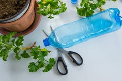 Ανακυκλωμένη πλαστική κηπουρική μπουκαλιών Τοπ άποψη του πλαστικού μπουκαλιού έτοιμη για την αφθονία με το χώμα, να φυτεψει τις ε στοκ εικόνα Ανακυκλωμένη πλαστική κηπουρική μπουκαλιών Τοπ άποψη του πλαστικού μπουκαλιού έτοιμη για την αφθονία με το χώμα, να φυτεψει τις ε στοκ εικόνα