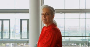 Ανώτερη καυκάσια επιχειρηματίας που στέκεται στο κτήριο γραφείων 4k απόθεμα βίντεο Ανώτερη καυκάσια επιχειρηματίας που στέκεται στο κτήριο γραφείων 4k απόθεμα βίντεο