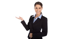 Απομονωμένη ευτυχής επιχειρηματίας που παρουσιάζει και που παρουσιάζει άνω του άσπρου β Στοκ φωτογραφία με δικαίωμα ελεύθερης χρήσης Απομονωμένη ευτυχής επιχειρηματίας που παρουσιάζει και που παρουσιάζει άνω του άσπρου β Στοκ φωτογραφία με δικαίωμα ελεύθερης χρήσης