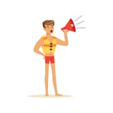 Αρσενικό lifeguard στα κόκκινα σορτς που φωνάζουν από megaphone, επαγγελματικός σωτήρας στη διανυσματική απεικόνιση παραλιών απεικόνιση αποθεμάτων Αρσενικό lifeguard στα κόκκινα σορτς που φωνάζουν από megaphone, επαγγελματικός σωτήρας στη διανυσματική απεικόνιση παραλιών απεικόνιση αποθεμάτων