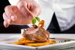Αρχιμάγειρας στο μαγείρεμα κουζινών ξενοδοχείων ή εστιατορίων, μόνο χέρια Έτοιμη μπριζόλα κρέατος με τις τηγανίτες πατατών ή σέλι Στοκ εικόνες με δικαίωμα ελεύθερης χρήσης Αρχιμάγειρας στο μαγείρεμα κουζινών ξενοδοχείων ή εστιατορίων, μόνο χέρια Έτοιμη μπριζόλα κρέατος με τις τηγανίτες πατατών ή σέλι Στοκ εικόνες με δικαίωμα ελεύθερης χρήσης