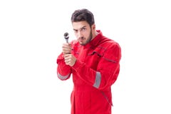 Αστείος αυτοκινητικός μηχανικός με το γαλλικό κλειδί που απομονώνεται στο λευκό Στοκ Εικόνες Αστείος αυτοκινητικός μηχανικός με το γαλλικό κλειδί που απομονώνεται στο λευκό Στοκ Εικόνες