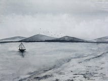 Βάρκα πανιών θαλάσσιου ψαρέματος τοπίων μελανιού Watercolor στα πουλιά ομίχλης βουνών ακτών και νησιών που πετούν στον ουρανό E r ελεύθερη απεικόνιση δικαιώματος Βάρκα πανιών θαλάσσιου ψαρέματος τοπίων μελανιού Watercolor στα πουλιά ομίχλης βουνών ακτών και νησιών που πετούν στον ουρανό E r ελεύθερη απεικόνιση δικαιώματος