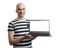 Βέβαιο lap-top διαφήμισης νεαρών άνδρων Στοκ Φωτογραφία Βέβαιο lap-top διαφήμισης νεαρών άνδρων Στοκ Φωτογραφία