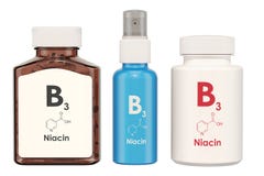 Βιταμίνη B3, thiamine Ιατρικά μπουκάλια με τα χάπια και τον ψεκασμό bottl Στοκ Εικόνες Βιταμίνη B3, thiamine Ιατρικά μπουκάλια με τα χάπια και τον ψεκασμό bottl Στοκ Εικόνες