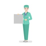 Γιατρός γυναικών στα πράσινα λειτουργώντας ενδύματα που κρατά μια αφίσα που δίνει τις συστάσεις διανυσματική απεικόνιση Γιατρός γυναικών στα πράσινα λειτουργώντας ενδύματα που κρατά μια αφίσα που δίνει τις συστάσεις διανυσματική απεικόνιση