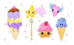 Γλυκά Kawaii καθορισμένα Παγωτό, cupcake, καρδιά και απομονωμένο αστέρι ο ελεύθερη απεικόνιση δικαιώματος Γλυκά Kawaii καθορισμένα Παγωτό, cupcake, καρδιά και απομονωμένο αστέρι ο ελεύθερη απεικόνιση δικαιώματος