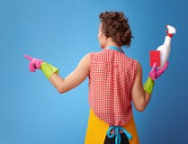 Γυναίκα με το σφουγγάρι κουζινών και ένα μπουκάλι του απορρυπαντικού που δείχνει στοκ εικόνα Γυναίκα με το σφουγγάρι κουζινών και ένα μπουκάλι του απορρυπαντικού που δείχνει στοκ εικόνα