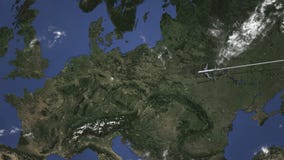 Διαδρομή ενός εμπορικού αεροπλάνου που πετά στη Λειψία, Γερμανία στο χάρτη Τρισδιάστατη ζωτικότητα εισαγωγής απεικόνιση αποθεμάτων Διαδρομή ενός εμπορικού αεροπλάνου που πετά στη Λειψία, Γερμανία στο χάρτη Τρισδιάστατη ζωτικότητα εισαγωγής απεικόνιση αποθεμάτων