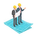 Διανυσματική τρισδιάστατη isometric έννοια του επιχειρηματία ή του μηχανικού στο σκληρό καπέλο με το αρχιτεκτονικό σχέδιο διανυσματική απεικόνιση Διανυσματική τρισδιάστατη isometric έννοια του επιχειρηματία ή του μηχανικού στο σκληρό καπέλο με το αρχιτεκτονικό σχέδιο διανυσματική απεικόνιση