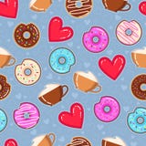 Διανυσματικό σχέδιο των donuts, των φλυτζανιών cappuccino και των κόκκινων καρδιών Στοκ Φωτογραφία Διανυσματικό σχέδιο των donuts, των φλυτζανιών cappuccino και των κόκκινων καρδιών Στοκ Φωτογραφία