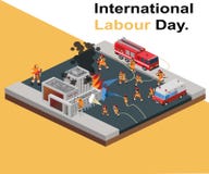 Διεθνής ημέρα εργασίας όπου η πυροσβεστική βοηθά τη Isometric έννοια έργου τέχνης ανθρώπων διανυσματική απεικόνιση Διεθνής ημέρα εργασίας όπου η πυροσβεστική βοηθά τη Isometric έννοια έργου τέχνης ανθρώπων διανυσματική απεικόνιση
