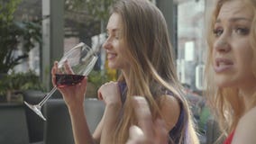 Δύο φίλες που κάθονται στον πίνακα στον καφέ που κουβεντιάζει και που απόθεμα βίντεο Δύο φίλες που κάθονται στον πίνακα στον καφέ που κουβεντιάζει και που απόθεμα βίντεο