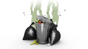 Δύσοσμες δοχείο απορριμάτων και τσάντες απορριμάτων τρισδιάστατη ζωτικότητα Άλφα κανάλι, loopable απεικόνιση αποθεμάτων Δύσοσμες δοχείο απορριμάτων και τσάντες απορριμάτων τρισδιάστατη ζωτικότητα Άλφα κανάλι, loopable απεικόνιση αποθεμάτων