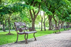 Εκλεκτής ποιότητας κάθισμα σιδήρου στο μονοπάτι μέσα στο πράσινο πάρκο στοκ φωτογραφία με δικαίωμα ελεύθερης χρήσης Εκλεκτής ποιότητας κάθισμα σιδήρου στο μονοπάτι μέσα στο πράσινο πάρκο στοκ φωτογραφία με δικαίωμα ελεύθερης χρήσης