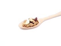 Εκλεκτικά δημητριακά granola εστίασης στο ξύλινο κουτάλι στοκ εικόνα με δικαίωμα ελεύθερης χρήσης Εκλεκτικά δημητριακά granola εστίασης στο ξύλινο κουτάλι στοκ εικόνα με δικαίωμα ελεύθερης χρήσης