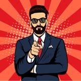 Επιχειρηματίας γενειάδων Hipster που δείχνει αναδρομική διανυσματική απεικόνιση τέχνης δάχτυλων τη λαϊκή διανυσματική απεικόνιση Επιχειρηματίας γενειάδων Hipster που δείχνει αναδρομική διανυσματική απεικόνιση τέχνης δάχτυλων τη λαϊκή διανυσματική απεικόνιση