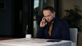 Επιχειρηματίας που μιλά στο κινητό τηλέφωνο και που διαβάζει τα έγγραφα απόθεμα βίντεο Επιχειρηματίας που μιλά στο κινητό τηλέφωνο και που διαβάζει τα έγγραφα απόθεμα βίντεο