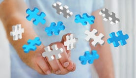 Επιχειρηματίας σχετικά με τα κομμάτια ‘3D γρίφων πετάγματος rendering’ Στοκ φωτογραφία με δικαίωμα ελεύθερης χρήσης Επιχειρηματίας σχετικά με τα κομμάτια ‘3D γρίφων πετάγματος rendering’ Στοκ φωτογραφία με δικαίωμα ελεύθερης χρήσης