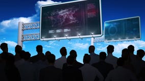 Επιχειρηματίες που προσέχουν τη διεπαφή στοιχείων στον πίνακα διαφημίσεων διανυσματική απεικόνιση Επιχειρηματίες που προσέχουν τη διεπαφή στοιχείων στον πίνακα διαφημίσεων διανυσματική απεικόνιση