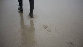Ευτυχές κορίτσι στο ρόδινο παλτό κοντά στη θάλασσα κατά τη διάρκεια μιας θύελλας Η θάλασσα πλένει τα ίχνη της στην άμμο φιλμ μικρού μήκους Ευτυχές κορίτσι στο ρόδινο παλτό κοντά στη θάλασσα κατά τη διάρκεια μιας θύελλας Η θάλασσα πλένει τα ίχνη της στην άμμο φιλμ μικρού μήκους