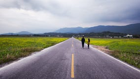Ζεύγος που περπατά έναν ευθύ δρόμο που οδηγεί στην απόσταση στοκ εικόνες Ζεύγος που περπατά έναν ευθύ δρόμο που οδηγεί στην απόσταση στοκ εικόνες