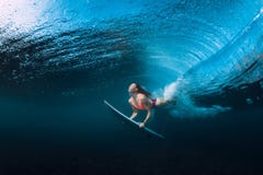 Η γυναίκα Surfer βουτά υποβρύχιος με το κατώτερο κύμα στοκ εικόνες με δικαίωμα ελεύθερης χρήσης Η γυναίκα Surfer βουτά υποβρύχιος με το κατώτερο κύμα στοκ εικόνες με δικαίωμα ελεύθερης χρήσης