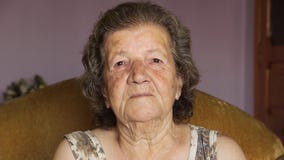 Ηλικιωμένη συνταξιούχος γυναίκα που γελά στο εσωτερικό απόθεμα βίντεο Ηλικιωμένη συνταξιούχος γυναίκα που γελά στο εσωτερικό απόθεμα βίντεο