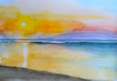 Ηλιοβασίλεμα ζωγραφικής Watercolor στο ζωγραφισμένο στο χέρι τοπίο παραλιών διανυσματική απεικόνιση Ηλιοβασίλεμα ζωγραφικής Watercolor στο ζωγραφισμένο στο χέρι τοπίο παραλιών διανυσματική απεικόνιση