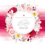 Η κομψή floral διανυσματική στρογγυλή κάρτα με το λευκό και burgundy κόκκινο peony, αυξήθηκε, ορχιδέα, λουλούδια γαρίφαλων, μικτέ απεικόνιση αποθεμάτων Η κομψή floral διανυσματική στρογγυλή κάρτα με το λευκό και burgundy κόκκινο peony, αυξήθηκε, ορχιδέα, λουλούδια γαρίφαλων, μικτέ απεικόνιση αποθεμάτων