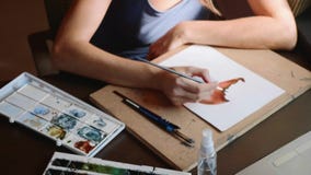 Η νέα γυναίκα περνά ένα μάθημα στο watercolor χρωματίζοντας on-line στο σπίτι απόθεμα βίντεο Η νέα γυναίκα περνά ένα μάθημα στο watercolor χρωματίζοντας on-line στο σπίτι απόθεμα βίντεο