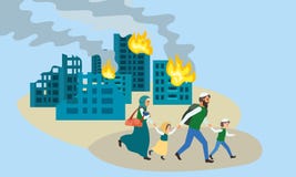 Η οικογένεια τρέχει μακριά το έμβλημα έννοιας πόλεων, επίπεδο ύφος διανυσματική απεικόνιση Η οικογένεια τρέχει μακριά το έμβλημα έννοιας πόλεων, επίπεδο ύφος διανυσματική απεικόνιση
