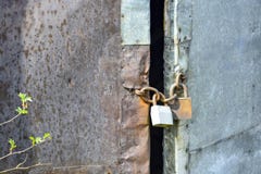 Η παλαιά ξύλινη πόρτα επικάλυψε με το σκουριασμένο φύλλο σιδήρου και γαλβάνισε το φύλλο στοκ φωτογραφία με δικαίωμα ελεύθερης χρήσης Η παλαιά ξύλινη πόρτα επικάλυψε με το σκουριασμένο φύλλο σιδήρου και γαλβάνισε το φύλλο στοκ φωτογραφία με δικαίωμα ελεύθερης χρήσης