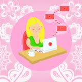Η συνεδρίαση κοριτσιών με ένα lap-top στον πίνακα και παίρνει τις επιστολές αγάπης Β ελεύθερη απεικόνιση δικαιώματος Η συνεδρίαση κοριτσιών με ένα lap-top στον πίνακα και παίρνει τις επιστολές αγάπης Β ελεύθερη απεικόνιση δικαιώματος