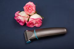 Ηλεκτρική γραφομηχανή ατόμων ` s, trimmer, για την τέμνουσα τρίχα σε ένα μπλε υπόβαθρο με τα τριαντάφυλλα στοκ φωτογραφία με δικαίωμα ελεύθερης χρήσης Ηλεκτρική γραφομηχανή ατόμων ` s, trimmer, για την τέμνουσα τρίχα σε ένα μπλε υπόβαθρο με τα τριαντάφυλλα στοκ φωτογραφία με δικαίωμα ελεύθερης χρήσης