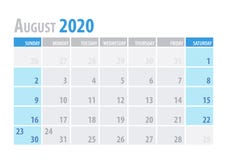Ημερολογιακός αρμόδιος για το σχεδιασμό 2020 Αυγούστου στο καθαρό ελάχιστο επιτραπέζιο απλό ύφος επίσης corel σύρετε το διάνυσμα διανυσματική απεικόνιση Ημερολογιακός αρμόδιος για το σχεδιασμό 2020 Αυγούστου στο καθαρό ελάχιστο επιτραπέζιο απλό ύφος επίσης corel σύρετε το διάνυσμα διανυσματική απεικόνιση