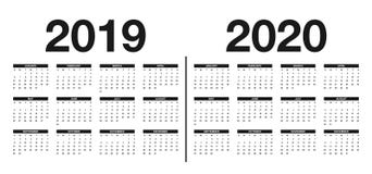 Ημερολόγιο πρότυπο του 2019 και του 2020 Ημερολογιακό σχέδιο στα γραπτά χρώματα διανυσματική απεικόνιση Ημερολόγιο πρότυπο του 2019 και του 2020 Ημερολογιακό σχέδιο στα γραπτά χρώματα διανυσματική απεικόνιση